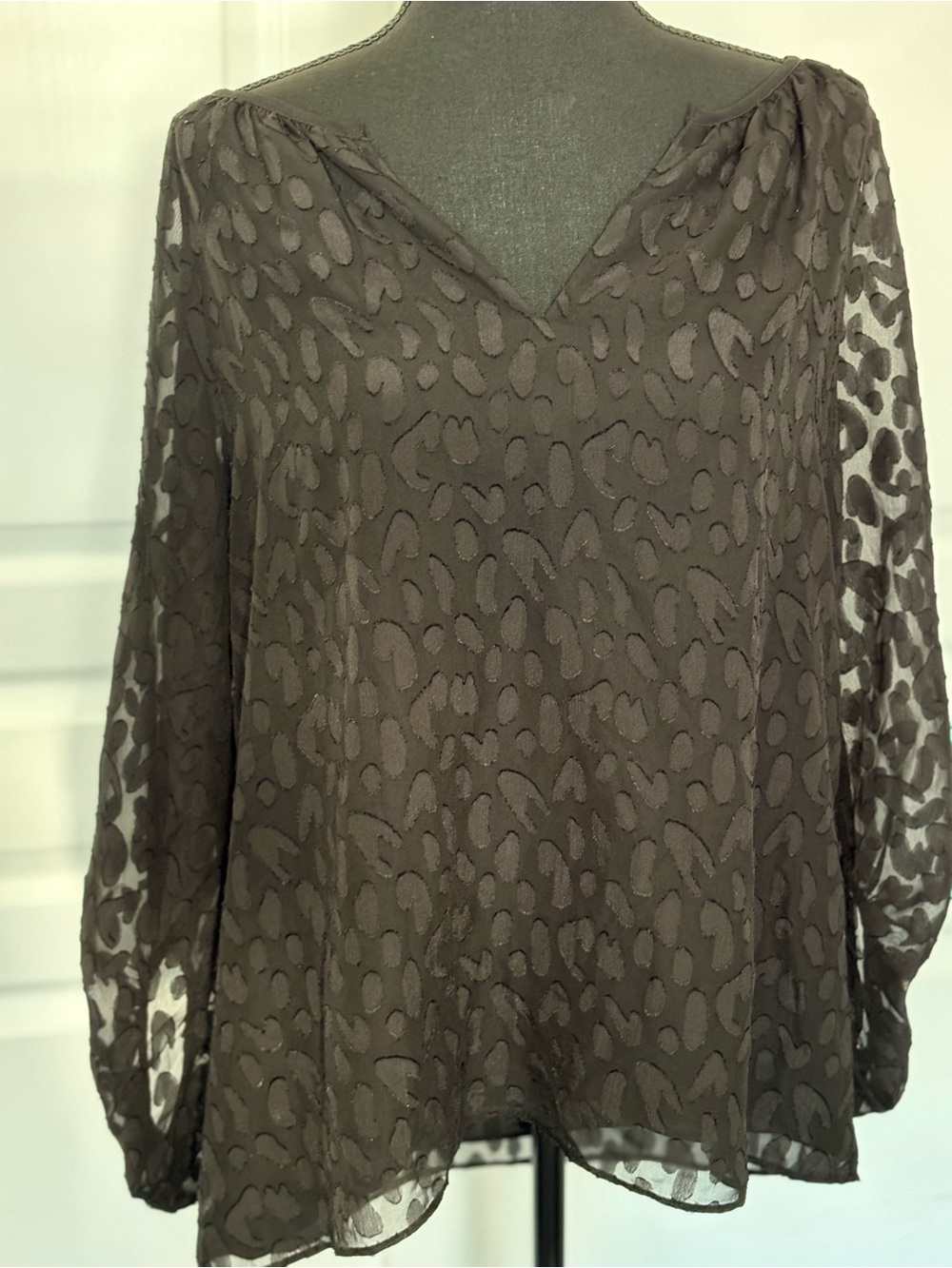 WHBM Black Burnout Animal-Print V-Neck Blouse - Long sleeve w elastic cuffs - Picture 4 of 12